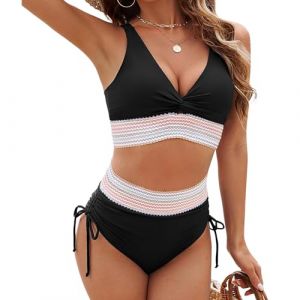 Ensemble Bikini Taille Haute pour Femme Maillot de Bain 2 pièces Gainant Haut et Bas Bretelles réglables (FR/ES, Numérique, 40, 42, Taille Normale, Taille Normale, Black) (HuangJin, neuf)