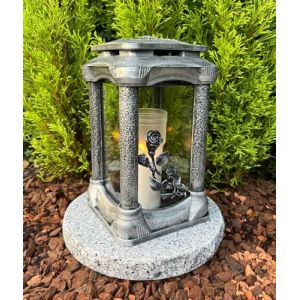 Lampe funéraire avec socle en granit - Fabriquée à la main - Avec rose - Bougie funéraire - Décoration funéraire - Lampe de jardin avec bougie funéraire et socle (Garden Paradies Handmade, neuf)