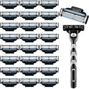 Lot de 24 recharges de lames de rasoir Mach 3 avec 1 manche, lames de rasoir à 3 tranchants avec bande lubrifiante, pour rasoirs pour hommes Gillette Mach 3 (shanghaimengyingwanluokejiyouxiangongsi, neuf)
