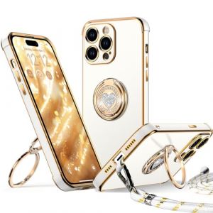 XYZ Coque pour iPhone 15 Pro Max, avec Double Anneau de Support Cœur, avec Lanière pour Filles et Femmes, Coque de Protection de Luxe Mignonne et Scintillante pour iPhone 15 Pro Max, Blanc (XYZ Direct, neuf)