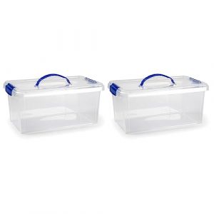 Tradineur Lot de 2 boîtes de rangement transparentes avec poignée bleue en plastique pour jouets, livres, vêtements, couvertures, 17,5 x 38,5 x 23 cm, 10 litres (TRADINEUR, neuf)