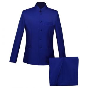 Costume Tunique Chinoise 2 Pièces pour Hommes Ensemble Blazer à Col Mandarin Ensemble Pantalon Veste Boutonnée Robe de Marié Traditionnelle Uniforme (Bleu Saphir 3,L) (Huabaohua[7-12 Deliverly], neuf)
