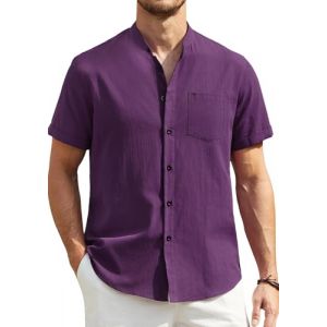 Enlision Chemise Lin Homme Manches Courtes Chemise Col Mao Homme Ete Casual Chemisette en Lin Coton Pourpre Classique Henley T-Shirt avec Boutons S (MXECEUR, neuf)