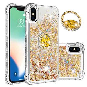 COTDINFOR Coque pour Apple iPhone X Bling Liquide Housse avec Diamant Anneau Stand &Eacute;tui Silicone Paillette Glitter Floating Antichoc Transparent Cover pour iPhone X/XS Love Gold YBWTZH. (COTDINFOR, neuf)