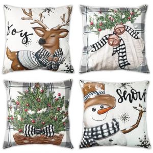 Lot De 4 Housses Coussin Noel, Taie P&egrave;re No&euml;l Tartan Et &Eacute;lans Housse Coussin 40x40,Gris Lin Taies d'Oreiller Pour D&eacute;coration Noel Interieur Maison , Chaise Canap&eacute; Chambre Salon Christmas D&eacute;coratifs (QIFU DirectUK, neuf)