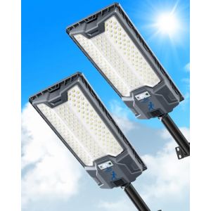 Sararoom 2Pack 400w Solaire Exterieur Lampadaire - 153 LED D&eacute;Tecteur de Projecteur LED Jardin Lampe avec T&eacute;L&eacute;Commande 6500k Blanc Froid IP65 Impermable R&eacute;verb&egrave;res Solaire Pour Rue Garage &Eacute;clairage (firstpay, neuf)