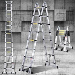 Eulenke échelle Télescopique 5m-2,5m+2,5m, Multifonction echelle Pliante en Aluminium, escabeau telescopique avec stabilisateur et Roues, Antidérapante echelle de Toit capacité Charge 150kg, argenté (ZZQRAME, neuf)