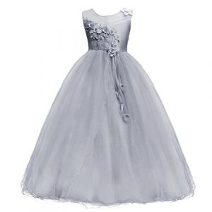 Enfant Fille Robe Cérémonie Longue en Dentelle Robe de Princesse Corsage Florale Fleur Costume Habillée de Soirée Mariage Demoiselle d'Honneur Baptême Fête Anniversaire Cocktail 10-11 Ans Gris (IBTOMCASTLE, neuf)