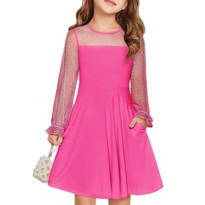 Haloumoning Robes Filles Robe de Princesse Festive Enfants Maille Contrast&eacute;e Manches Longues Bouffantes Robes d'&Eacute;t&eacute; &Eacute;l&eacute;gantes Ligne A Col Rond Robe de F&ecirc;te avec Poches pour 6-14 Ans, Rose/rouge, 11-12 (Zecio, neuf)