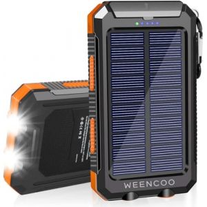 WEENCOO Batterie Externe Solaire 20000mAh USB Chargeur Portable avec Panneau Solaire, Splashproof, Antipoussière, Antichoc Power Bank avec 2 Lampes de Poche, Port d'entrée de Type C, Boussole (Orange) (WEENCOO, neuf)