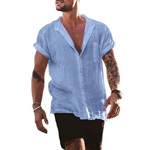 YAOBAOLE Chemise Lin Homme Chemise Lin Col Mao Homme Manches Courtes Boutons Chemise Chemise en Lin Homme Été Bleu Ciel L (YBLfashion, neuf)