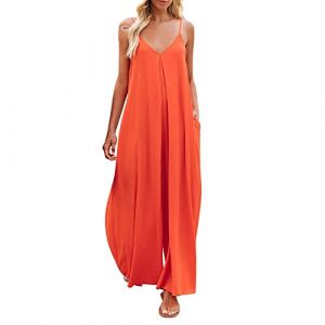 Combinaison Femme &Eacute;t&eacute; sans Manches, Salopette Ete Femme Fluide Jumpsuit Dos Nu Combishort &Agrave; Bretelles L&eacute;ger Barboteuse Romper Jambes Larges Spaghetti Pantalon Loose Combi Femmes avec Poches (xqYSmk, neuf)