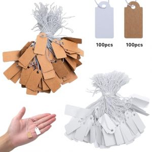 KQDRAVINE 200 Mini Etiquette Prix avec Cordon &Eacute;lastique, &Eacute;tiquettes de 26 x 13 mm, &Eacute;tiquette Prix Blanches et Marron pour la Pr&eacute;sentation de Bijoux, Etiquette Vetements, March&eacute; aux Puces (KEQIKJ, neuf)