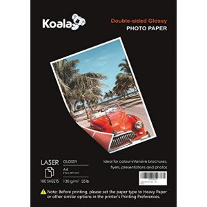 KOALA Papier Photo Double Face Brillant pour imprimante LASER, A4, 130 g/m&sup2;, 100 feuilles. Convient pour l'impression de Photos, Brochures, Certificats, Livrets, Flyers, D&eacute;pliants, Calendriers, Cartes (NASAHI LTD, neuf)