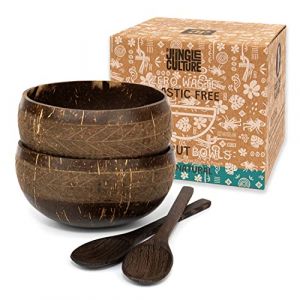 Jungle Culture® Bols Noix de Coco à Motifs avec Cuillères • Lot de 2 Bols en Coquille de Coco avec Paille en Bambou et Pochette • Bol Naturel pour Céréales, Smoothie, Poke, Buddha • Cadeau Artisanal (Jungle Culture®, neuf)