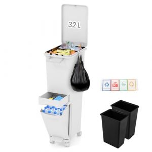 COSTWAY Poubelle Cuisine 32 L en Plastique, Poubelle Tri Selectif 2 Bac avec Tiroir, 2 Seaux Amovible, Poubelle à Pédale Étroite 26 cm, Fermeture à Pression, Roues avec Frein, Crochet, Autocollant (FDS GmbH, neuf)