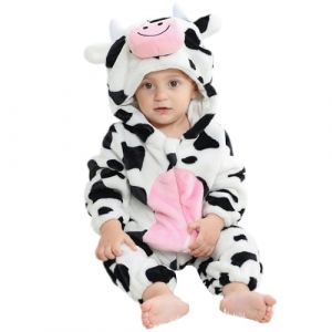 HAHASHOW B&eacute;B&eacute; d'hiver Grenouill&egrave;res Combinaison Unisexe Flanelle Barboteuses Manteau &agrave; Capuche Enfants Pyjama Jumpsuit pour Gar&ccedil;on et Fille 12-18 Mois, Vache (BabyHome Supply, neuf)