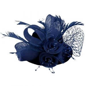 Fascinator Bibi en maille pour femme avec perle et plume - Chapeau sur un chapeau fourch&eacute; - Pour cocktail, th&eacute;, f&ecirc;te (bleu marine, taille unique) (jksmyx, neuf)