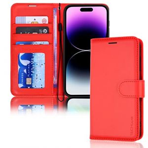 TECHGEAR Etui iPhone iPhone 14 Pro Portefeuille - Housse en Cuir avec Rabat de Protection, Fentes pour Cartes, B&eacute;quille et Dragonne, Cuir PU Rouge Compatible avec iPhone 14 Pro 6.1" (TECHGEAR Solutions, neuf)