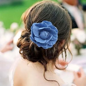 Inateannal Broche à cheveux en forme de fleur de camélia épingle à cheveux en tissu bleu, broche en denim grande fleur barrette à cheveux cardigan épingle à cheveux accessoires de cheveux de mariée (Inateannal, neuf)