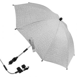 Parasol Universel UV 50+ pour Poussette avec Pince R&eacute;glable et Bras Flexible - Compatible V&eacute;lo, Fauteuil Roulant, Chaise de Plage (Gris, 75 cm) (Needtogrow, neuf)