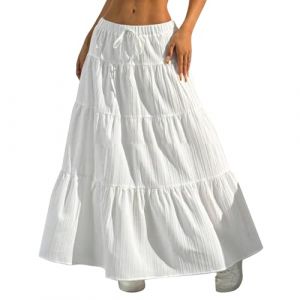 Jupe Longue Blanche,Jupes Taille Elastique Longue,Jupe Blanc Décontractée,A-Ligne Boheme Été,Cordon De Serrage De Plage Vacances Taille Haute,De Plage Vacances,Blanc,L (Arien56kin, neuf)