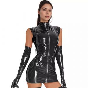 PARUPRUP Femme Sexy en Cuir Moulante Zippée Mini Robe Wetlook Latex Clubwear Élastiques Lastiques sans Manches Party (Noir, L) (pengjunjiemeiguofushi, neuf)
