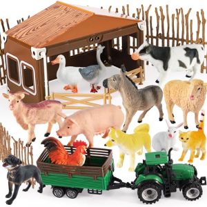 BUYGER Grand Animaux de la Ferme Jouet, Set Complet Animaux, Grange, Véhicule de Transport et Enceinte Détachable, Jouet Éducatif pour Enfant 3 4 5 Ans, Cadeau pour Garçon Fille (STGB, neuf)
