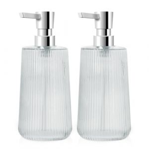 Mamiddle Distributeur Savon Moderne Distributeur de Savon pour Salle de Bain & Cuisine en Verre Distributeur de Savon de Salle de Bain 250ml pour Salle de Bain Plan de Travail (Transparent - 2 pièces) (Mamidlle, neuf)