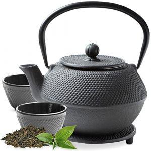 Tealøv THEIERE FONTE 1,1 LITRE SET COMPLET | BOÎTE CADEAU | Service à Thé en Fonte avec Théière, 2 Tasses & Dessous Théière | Entièrement Émaillée de l'Intérieur | Design De Style Japonais | Noir (Cook & Dine, neuf)