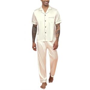 Reliwel Pyjama Homme Ete Satin Pyjama Short Homme en Soie Boutonné Chemise Manches Courtes et Pantalon Long Deux Pièces vêtements de Nuit Confortable Doux (Reliwel-FR, neuf)