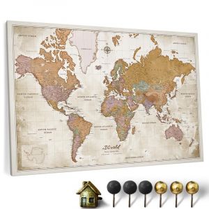 Carte du monde en toile avec tableau d'affichage en liège - Labels en anglais - Décoration murale décorative pour toutes les pièces - Tableaux sur toile (150x100 cm, Motif 22) (canvascale_maps, neuf)