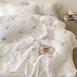 Sedefen Feuille de Lotus Housse de Couette 240x260cm Broderies Fleurs + 2 taies d'oreiller 65x65cm Ado Fille Adulte Blanc Rose Volants Romantique Parure de Lit 2 Personnes Avez Fermeture Éclair (ArvinBoutiques, neuf)