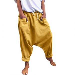 Blingko Sarouel Femme éTé Pantalon Harem Femme Coton Sarouel Grande Taille Couleur Unie Baggy Yoga Pants Taille Elastique Ample Chic Lâche Large Casual Jogging Jaune (Blingko, neuf)