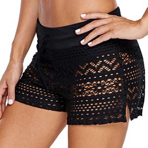 Ulicox Short de Bain Femme Séchage Rapide Été Maillot de Bain Short Femme Cordon de Serrage Réglable Shorty de Natation Dentelle Ajourée Bas de Maillot pour Plage Surf Noir 3XL (agogo, neuf)