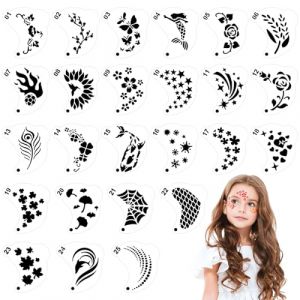 SRIZIAN 25 pièces Pochoirs de Peinture pour Visage, Modèles Tatouage Réutilisables, Pochoirs Tatouage pour les Yeux Pochoirs Peinture Corporelle pour les Enfants Fête Vacances Halloween Maquillage (Spmow eu, neuf)