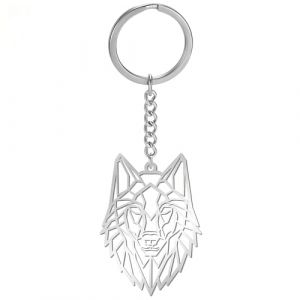 Porte-clés tête de loup en acier inoxydable animaux sauvages accessoires sac voiture pour femmes (Argent Plaqué) (BOHAN JEWELRY, neuf)