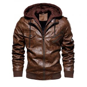 TINNYTT Veste en Cuir pour Homme, Veste de Moto d&eacute;contract&eacute;e en Cuir pour l'automne et l'hiver, Veste en Cuir &agrave; Capuche, Faux Deux pi&egrave;ces,Brown-M (HEENBAIHUO, neuf)