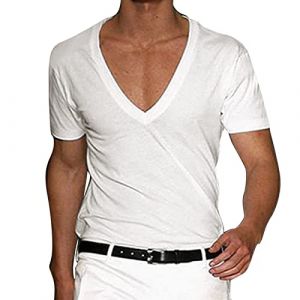 T-shirt &agrave; col en V profond pour homme - Col V - Invisible et respirant - Ourlet crois&eacute; - Muscle extensible - Gym - Entra&icirc;nement - Manches courtes - Coupe basse, Blanc., XL (Yaostore*, neuf)