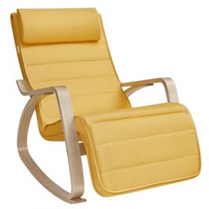 SONGMICS Chaise à Bascule avec accoudoirs en Bouleau, Repose-Pieds réglable à 5 hauteurs, portée 150 kg, pour Salon Chambre à Coucher, Jaune Ocre et Naturel LYY010Y01 (SONGMICS HOME FR, neuf)