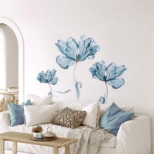 Tanlaby Stickers Muraux Fleuri Bleu Clair Autocollants Muraux Fleur Bleu Grand Sticker Mural Fleur de Lotus pour Femmes Salons Chambres Bureaux Canapé Fond Décoration Murale De La Maison (JDD store, neuf)