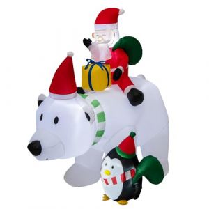 COSTWAY Père Noël Gonflable sur l'ours Polaire Tête Oscillante 210 cm, avec Pingouin Sacs-Cadeaux et Boîte-Cadeau, Décoration de Noël Gonflable Lumineuse pour Salon Jardin et Cour (FDS GmbH, neuf)