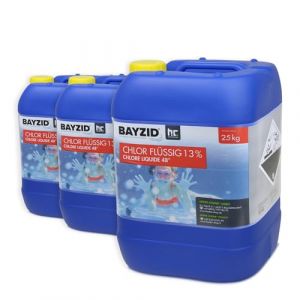 Bayzid® Chlore Liquide 48° – Désinfectant Rapide pour Piscine – Bouteille 3 x 25 kg (75 kg) – 13-15% de Chlore Actif – Clarifiant Eau Cristalline – Idéal Spa, Jacuzzi, Pataugeoire (Höfer Chemie GmbH, neuf)