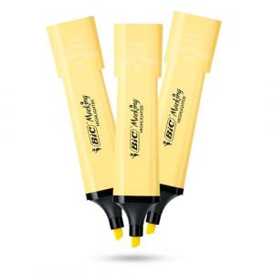 BIC Lot de 3 surligneurs plats en plastique avec encre jaune pastel pour des notes lisses et précises, idéal pour l'école et le bureau (DLM Direct FR, neuf)