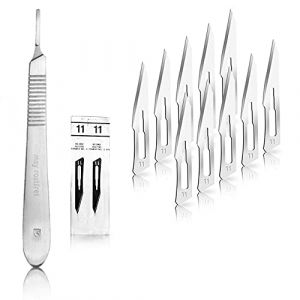 Set avec 10 x lames de scalpel N° 11 - Lame chirurgicale stérile en acier au carbone et 1 x manche de scalpel Figure N° 3 en acier inoxydable (Instruments en acier inoxydable de marque May, neuf)