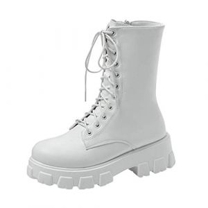 Chaussures unisexes pour femme - Grandes tailles - Talon épais - Bout rond - Bottes de moto courtes blanches plates pour femme, Blanc., 39 EU (MasikeFushi, neuf)