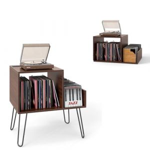 KOMFOTTEU Meuble Platine Vinyle avec Station de Charge, pour jusqu'&agrave; 145 Albums, Support de Tourne-Disque, S&eacute;parateurs et &Eacute;tag&egrave;re lat&eacute;rale, &Eacute;tag&egrave;re de pr&eacute;sentation (Noyer) (Komfort GmbH, neuf)