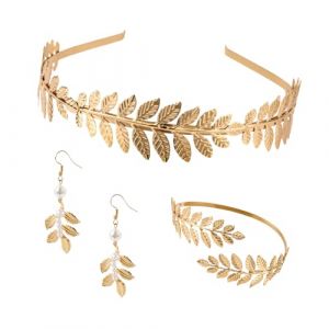 Couronne de Laurier Doré, Bandeau de Déesse, Couronne de Tête Romaine, Bandeau Grec à Feuilles Dorées, Grecque Romain Feuille De Bracelet, Bracelet Manchette, Boucles d'Oreilles, pour Mariage Fête (nuoguangxing, neuf)