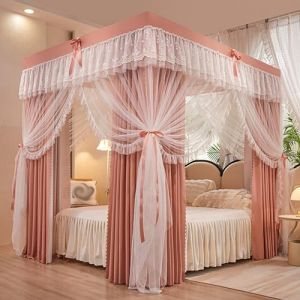 Rideau à baldaquin de lit princesse en dentelle luxueuse à volants aux 4 coins, élégant rideau de lit double couche confortable for rideaux de lit double, queen, king size(Pink,200x220cm/King) (ZHENGJIE, neuf)