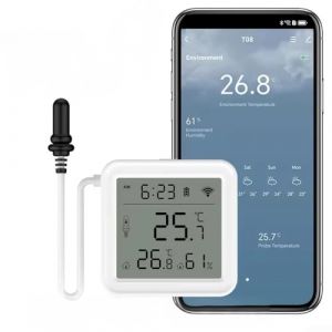 Thermom&egrave;tre hygrom&egrave;tre intelligent WiFi avec sonde, pour application Tuya Capteur de temp&eacute;rature et d'humidit&eacute;, pour r&eacute;frig&eacute;rateur, aquarium, pour Alexa Voice, Mises &agrave; jour m&eacute;t&eacute;o en temps r&eacute;el (Oceanialend, neuf)